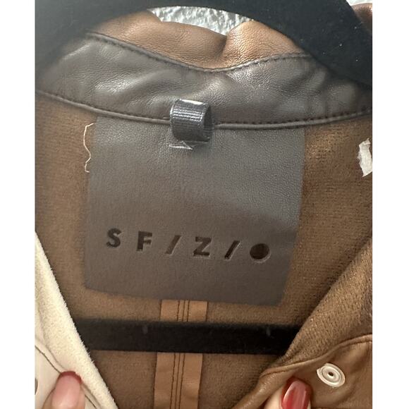 SFIZIO Women's Brown Color Block Faux Leather Patchwork Shacket Size Medium NWOT - Picture 8 of 14